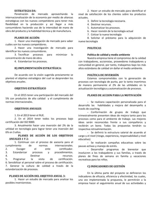 ESTRATEGIA DA:
Penetración de mercado aprovechando la
internacionalización de la economía por medio de alianzas
estratégicas con los nuevos competidores para tener más
flexibilidad en la producción y así llegar a más
consumidores haciendo uso de la intensidad de mano de
obra del producto y la habilidad técnica y de manufactura.
PLANES DE ACCIÓN:
1. Hacer una investigación de mercado para saber
cuáles son los nuevos competidores.
2. Hacer una investigación de mercado para
identificar los nuevos consumidores.
3. Tecnificar procesos para minimizar la
concentración de mano de obra.
4. Estandarizar los procesos.
B) IMPLEMENTACIÓN ESTRATÉGICA:
De acuerdo con la visión sugerida previamente se
planteó el objetivo estratégico del cual se desprenden los
objetivos anuales.
OBJETIVO ESTRATÉGICO
En el 2015 tener una participación del mercado del
5% con productos de alta calidad y el cumplimiento de
normas internacionales.
OBJETIVOS ANUALES
1. En el 2013 tener el RUE.
2. En el 2014 tener todos los procesos bajo
certificación del ISO 9000.
3. Anualmente hacer una inversión del 2% de la
utilidad en tecnología para lograr tener una inversión del
6% en 3 años.
PLANES DE ACCIÓN DE LOS OBJETIVOS
ANUALES 1 Y 2:
1. Continuar con el proceso de asesoría para el
cumplimiento de normas internacionales.
2. Escoger el ente certificador.
3. Estandarizar procesos y procedimientos.
4. Destinar recursos.
5. Programar la visita de certificación.
6. Sensibilizar al personal sobre el proceso de certificación.
7. Generar la cultura de calidad a través de la
estandarización de procesos.
PLANES DE ACCIÓN DEL OBJETIVO ANUAL 3:
1. Hacer un estudio de mercado para analizar los
posibles inversionistas.
2. Hacer un estudio de mercado para identificar el
nivel de satisfacción de los clientes sobre los productos
actuales.
3. Definir la tecnología necesaria.
4. Destinar recursos.
5. Automatizar los procesos.
6. Hacer revisión de la tecnología actual
7. Cotizar la nueva tecnología
8. Solicitar el préstamo para la adquisición de
nueva tecnología
POLITICAS
Política de calidad y medio ambiente
Nuestra empresa tiene el compromiso de la calidad
con trabajadores, accionistas, proveedores trabajadores y
comunidad en general, por tanto, trabajamos bajo los más
altos estándares de calidad sin dañar el medio ambiente.
POLÍTICA DE INVERSIÓN
Estamos comprometidos con la generación de
procesos con tecnología de punta, por lo tanto invertimos
de manera permanente el 2% de las utilidades en la
actualización tecnológica y automatización de procesos.
PLANES DE ACCION PARA LA MOTIVACIÓN
- Se realizara capacitación personalizada para el
desarrollo las habilidades y mejora del desempeño a
través de coaching.
- Conformación de grupos de trabajo que
trimestralmente presenten ideas de mejora tanto para los
procesos como para el ambiente de trabajo. Las mejores
ideas serán reconocidas frente a sus compañeros y
recibirán un bono. Todas las propuestas tendrán su
respectiva retroalimentación.
- Se definirá la estructura salarial de acuerdo al
cargo y el nivel (riesgo, experiencia, responsabilidad y nivel
educativo)
- Se realizarán campañas educativas sobre las
pausas activas y manejo de estrés.
- Desarrollar programas de bienestar que
involucren a los trabajadores y sus familias, a través de
planes de fines de semana en familia y vacaciones
recreativas para los niños.
C) INDICADORES DE GESTIÓN
En la última parte del proyecto se definieron los
indicadores de eficacia, eficiencia y efectividad, los cuales,
una vez implementada la propuesta, le permitirán a la
empresa hacer el seguimiento anual de sus actividades y
 