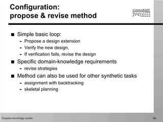 Template knowledge models 46
Configuration:
propose & revise method
■  Simple basic loop:
➤  Propose a design extension
➤  Verify the new design,
➤  If verification fails, revise the design
■  Specific domain-knowledge requirements
➤  revise strategies
■  Method can also be used for other synthetic tasks
➤  assignment with backtracking
➤  skeletal planning
 
