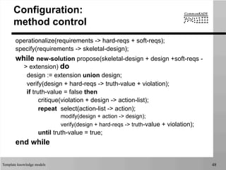 Template knowledge models 48
Configuration:
method control
operationalize(requirements -> hard-reqs + soft-reqs);
specify(requirements -> skeletal-design);
while new-solution propose(skeletal-design + design +soft-reqs -
> extension) do
design := extension union design;
verify(design + hard-reqs -> truth-value + violation);
if truth-value = false then
critique(violation + design -> action-list);
repeat select(action-list -> action);
modify(design + action -> design);
verify(design + hard-reqs -> truth-value + violation);
until truth-value = true;
end while
 