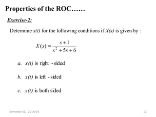 Properties of the ROC……
Exercise-2:
Determine x(t) for the following conditions if X(s) is given by :
12
Semester-II, 2018/19
6
5
1
)
( 2




s
s
s
s
X
sided
both
is
.
sided
-
left
is
.
sided
-
right
is
.
x(t)
c
x(t)
b
x(t)
a
 