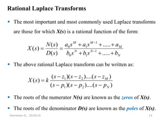 Rational Laplace Transforms
 The most important and most commonly used Laplace transforms
are those for which X(s) is a rational function of the form:
 The above rational Laplace transform can be written as:
 The roots of the numerator N(s) are known as the zeros of X(s).
 The roots of the denominator D(s) are known as the poles of X(s).
14
Semester-II, 2018/19
N
N
N
M
M
M
b
s
b
s
b
a
s
a
s
a
s
D
s
N
s
X







 

.....
.....
)
(
)
(
)
( 1
1
0
1
1
0
)
)....(
)(
(
)
)....(
)(
(
)
(
2
1
2
1
N
M
p
s
p
s
p
s
z
s
z
s
z
s
k
s
X







 