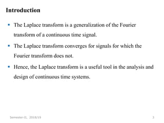 Introduction
 The Laplace transform is a generalization of the Fourier
transform of a continuous time signal.
 The Laplace transform converges for signals for which the
Fourier transform does not.
 Hence, the Laplace transform is a useful tool in the analysis and
design of continuous time systems.
3
Semester-II, 2018/19
 