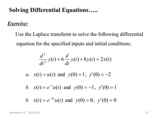 Solving Differential Equations…..
Exercise:
Use the Laplace transform to solve the following differential
equation for the specified inputs and initial conditions.
47
Semester-II, 2018/19
0
)
0
(
'
,
0
)
0
(
and
)
(
)
(
1
)
0
(
'
,
1
)
0
(
and
)
(
)
(
2
)
0
(
'
,
1
)
0
(
and
)
(
)
(
)
(
2
)
(
8
)
(
6
)
(
4
2
2
















y
y
t
u
e
t
b. x
y
y
t
u
e
t
b. x
y
y
t
u
t
a. x
t
x
t
y
t
y
dt
d
t
y
dt
d
t
t
 