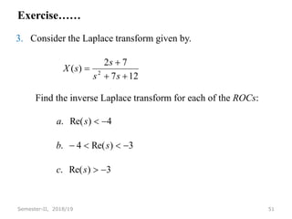 Exercise……
3. Consider the Laplace transform given by.
Find the inverse Laplace transform for each of the ROCs:
51
Semester-II, 2018/19
12
7
7
2
)
( 2




s
s
s
s
X
3
)
Re(
.
3
)
Re(
4
.
4
)
Re(
.








s
c
s
b
s
a
 