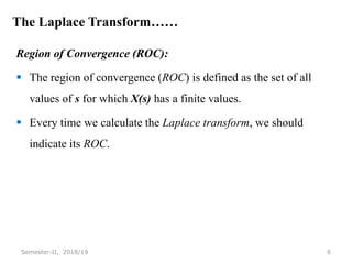 The Laplace Transform……
Region of Convergence (ROC):
 The region of convergence (ROC) is defined as the set of all
values of s for which X(s) has a finite values.
 Every time we calculate the Laplace transform, we should
indicate its ROC.
6
Semester-II, 2018/19
 