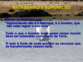 NECESSÁRIO E SUPÉRFLUO Dizem os Espíritos que: "imprevidente não é a Natureza, é o homem, que  não sabe regrar o seu viver". Tudo o que o homem pode gozar nesse mundo deve ser entendido como bens da Terra.  O solo é fonte de onde provêm os recursos que se transformarão nesses bens. 