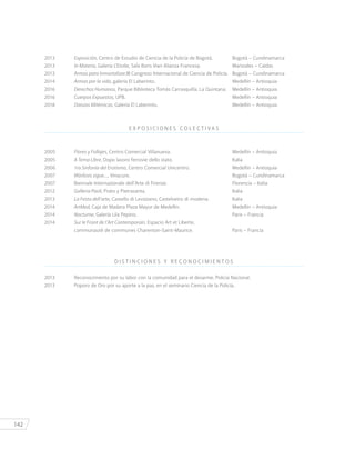 142
2013	 Exposición, Centro de Estudio de Ciencia de la Policía de Bogotá.		 Bogotá – Cundinamarca
2013	 In Materia, Galería L’Etoile, Sala Boris Vian Alianza Francesa.		 Manizales – Caldas
2013	 Armas para Inmortalizar,III Congreso Internacional de Ciencia de Policía.	 Bogotá – Cundinamarca
2014	 Armas por la vida, galería El Laberinto.		 Medellín – Antioquia
2016	 Derechos Humanos, Parque Biblioteca Tomás Carrasquilla, La Quintana.	 Medellín – Antioquia
2016	 Cuerpos Expuestos, UPB.		 Medellín – Antioquia
2018	 Danzas Mitémicas, Galería El Laberinto.		 Medellín – Antioquia
E X P O S I C I O N E S C O L E C T I VA S
2005	 Flores y Follajes, Centro Comercial Villanueva.		 Medellín – Antioquia
2005	 A Tema Libre, Dopo lavoro ferrovie dello stato.		 Italia
2006	 1ra Sinfonía del Erotismo, Centro Comercial Unicentro.		 Medellín – Antioquia
2007	 Mórfosis sigue…, Vinacure. 		 Bogotá – Cundinamarca
2007	 Biennale Internazionale dell’Arte di Firenze.		 Florencia – Italia
2012	 Galleria Paoli, Prato y Pietrasanta.		 Italia
2013	 La Festa dell’arte, Castello di Levizzano, Castelvetro di modena.		 Italia
2014	 ArtMed, Caja de Madera Plaza Mayor de Medellín.		 Medellín – Antioquia
2014	 Nocturne, Galería Lila Pepino.		 Paris – Francia
2014	 Sur le Front de l’Art Contemporain, Espacio Art et Liberte,
		 communauté de communes Charenton-Saint-Maurice.		 Paris – Francia
D I S T I N C I O N E S Y R E C O N O C I M I E N T O S
2013	 Reconocimiento por su labor con la comunidad para el desarme, Policía Nacional.
2013	 Poporo de Oro por su aporte a la paz, en el seminario Ciencia de la Policía.
 