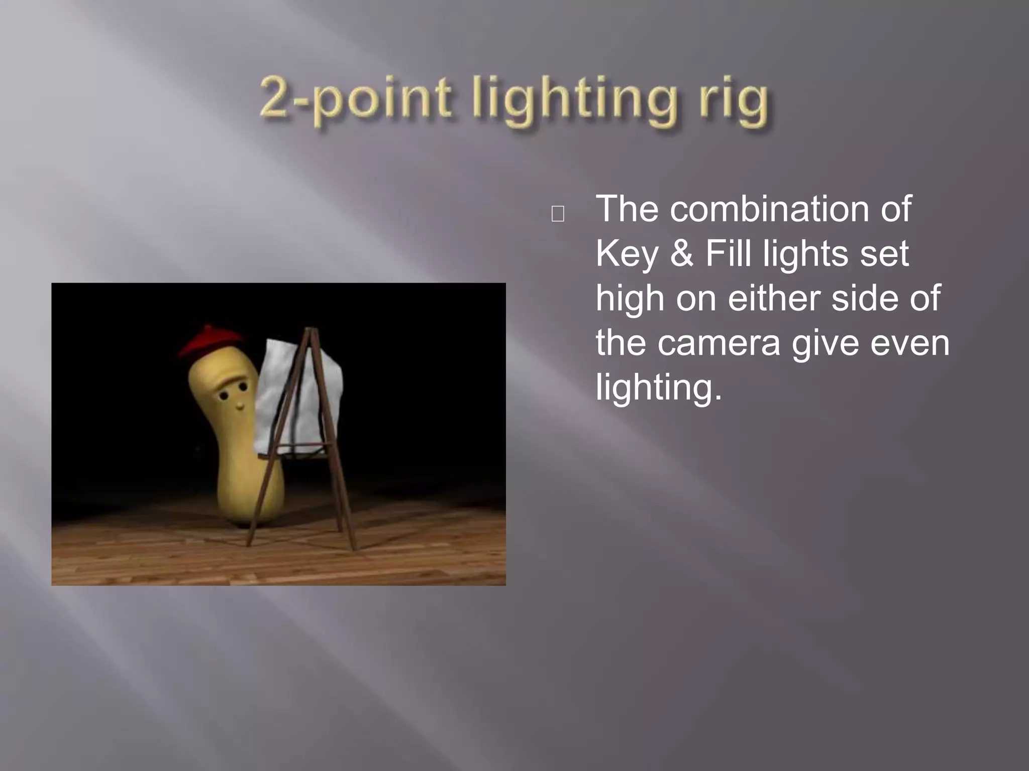 The combination of
Key & Fill lights set
high on either side of
the camera give even
lighting.
 