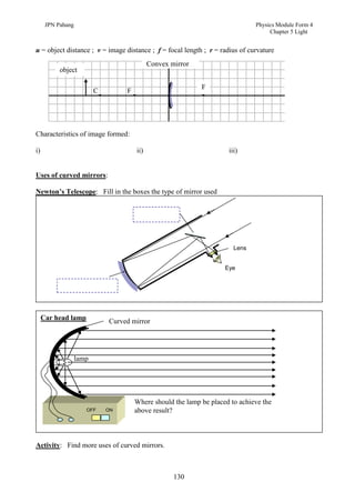 JPN Pahang                                                               Physics Module Form 4
                                                                                    Chapter 5 Light


u = object distance ; v = image distance ; f = focal length ; r = radius of curvature
                                             Convex mirror
           object

                                                             F
                          C        F




Characteristics of image formed:

i)                                     ii)                            iii)


Uses of curved mirrors:

Newton’s Telescope: Fill in the boxes the type of mirror used




                                                                        Lens


                                                                     Eye




     Car head lamp            Curved mirror




                   lamp




                                       Where should the lamp be placed to achieve the
                      OFF     ON       above result?



Activity: Find more uses of curved mirrors.



                                                     130
 