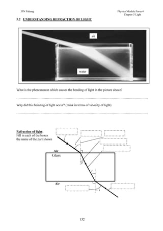 JPN Pahang                                                                Physics Module Form 4
                                                                                  Chapter 5 Light
5.2 UNDERSTANDING REFRACTION OF LIGHT




                                                          air




                                                 water




What is the phenomenon which causes the bending of light in the picture above?

…………………………………………………………………………………………………………

Why did this bending of light occur? (think in terms of velocity of light)

…………………………………………………………………………………………………………




Refraction of light:
Fill in each of the boxes
the name of the part shown
                                             i
                             Air
                           Glass
                                                  r

                                                          r


                              Air

                                                                i




                                                 132
 