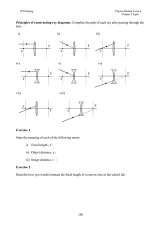 JPN Pahang                                                             Physics Module Form 4
                                                                                  Chapter 5 Light


Principles of constructing ray diagrams: Complete the path of each ray after passing through the
lens

 i)                                       ii)                     iii)


                                  F                           F                        F
       F                                        F                        F


iv)                                        v)                         vi)


                                      F                       F                        F
           F                                    F                        F



vii)                                        viii)



       F                                                          F
                                   F                F




Exercise 1:

State the meaning of each of the following terms:

               i)   Focal length , f :

               ii) Object distance, u :

               iii) Image distance, v :

Exercise 2:

Describe how you would estimate the focal length of a convex lens in the school lab.




                                                        140
 
