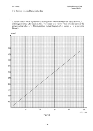 JPN Pahang                                                              Physics Module Form 4
                                                                                     Chapter 5 Light
        (vii) The way you would analyse the data



  2.
        A student carried out an experiment to investigate the relationship between object distance, u,
        and image distance, v, for a convex lens. The student used various values of u and recorded the
        corresponding values of v. The student then plotted the graph of uv against u + v as shown in
        Figure 2.

       uv/ cm2




500


500
 450


400


350
55

300
0

250


200
0

150


100


50



                        10                 20                 30                  40                  50
                                                                                                 u + v / cm
                                                   Figure 2




                                                     156
 
