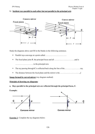 JPN Pahang                                                                 Physics Module Form 4
                                                                                   Chapter 5 Light
b) Incident rays parallel to each other but not parallel to the principal axis:



                    Concave mirror                                  Convex mirror
    Focal plane                                                Focal plane


                C            F       P                                        P                C
                                                                                          F

                                 f                                                f

                         r                                                            r


Study the diagrams above and fill in the blanks in the following sentences.

       Parallel rays converge at a point called ……………………………

       The focal plane joins F, the principal focus and all …………………………..and is

        ………………………. to the principal axis

       The ray passing through C is reflected back along the line of the…………………….ray.

       The distance between the focal plane and the mirror is the ………………………….,f.

Image formed by curved mirror (ray diagram method)

Principle of drawing ray diagrams:

a. Rays parallel to the principal axis are reflected through the principal focus, F.

Example:




    C           F                P                                            P           F        C


                Concave mirror                                 Convex mirror


Exercise 1: Complete the ray diagrams below:



                                                126
 