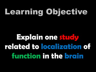 Explain one study
related to localization of
function in the brain
Learning Objective
 
