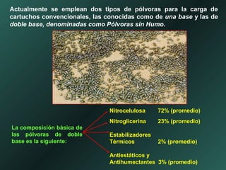 Actualmente se emplean dos tipos de pólvoras para la carga de
cartuchos convencionales, las conocidas como de una base y las de
doble base, denominadas como Pólvoras sin Humo.
La composición básica de
las pólvoras de doble
base es la siguiente:
Nitrocelulosa 72% (promedio)
Nitroglicerina 23% (promedio)
Estabilizadores
Térmicos 2% (promedio)
Antiestáticos y
Antihumectantes 3% (promedio)
 