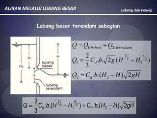Lubang dan PeluapALIRAN MELALUI LUBANG BESAR
gHHHbCQ
HHgbCQ
QQQ
d
d
terendambebas
2).(.
)(2..
3
2
22
2
3
1
2
3
1
)(2)(1



gHHHbCHHbCQ dd 2).(.).(.
3
2
2
2
3
1
2
3

Lubang besar terendam sebagian
 