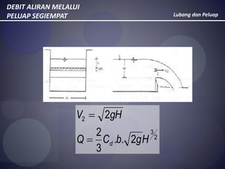 Lubang dan Peluap
DEBIT ALIRAN MELALUI
PELUAP SEGIEMPAT
2
3
2
2..
3
2
2
HgbCQ
gHV
d

 