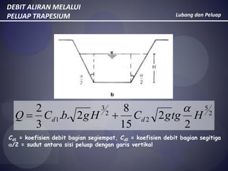 Lubang dan Peluap
DEBIT ALIRAN MELALUI
PELUAP TRAPESIUM
2
5
2
2
3
1
2
2
15
8
2..
3
2
HtggCHgbCQ dd


Cd1 = koefisien debit bagian segiempat, Cd2 = koefisien debit bagian segitiga
/2 = sudut antara sisi peluap dengan garis vertikal
 
