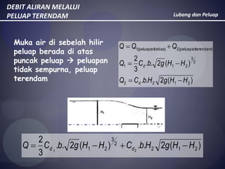 Lubang dan Peluap
DEBIT ALIRAN MELALUI
PELUAP TERENDAM
)(2..
)(2..
3
2
2122
2
3
211
terendam)(peluapan2bebas)(peluapan1
HHgHbCQ
HHgbCQ
QQQ
d
d



)(2..)(2..
3
2
212
2
3
21 21
HHgHbCHHgbCQ dd 
Muka air di sebelah hilir
peluap berada di atas
puncak peluap  peluapan
tidak sempurna, peluap
terendam
 