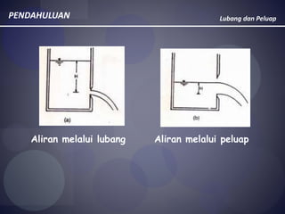 Lubang dan PeluapPENDAHULUAN
Aliran melalui lubang Aliran melalui peluap
 