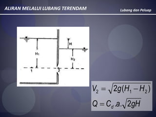 Lubang dan PeluapALIRAN MELALUI LUBANG TERENDAM
gHaCQ
HHgV
d 2..
)(2 212


 