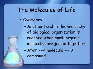 The Molecules of Life Overview: Another level in the hierarchy of biological organization is reached when small organic molecules are joined together Atom ---> molecule ---   compound 