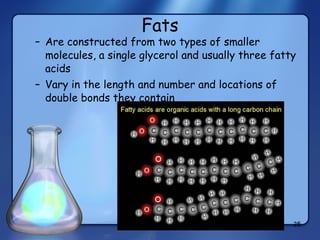 Fats Are constructed from two types of smaller molecules, a single glycerol and usually three fatty acids Vary in the length and number and locations of double bonds they contain 