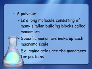 A polymer Is a long molecule consisting of many similar building blocks called monomers Specific monomers make up each macromolecule E.g. amino acids are the monomers for proteins 