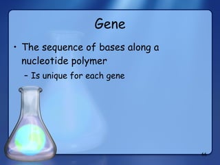 Gene The sequence of bases along a nucleotide polymer Is unique for each gene 