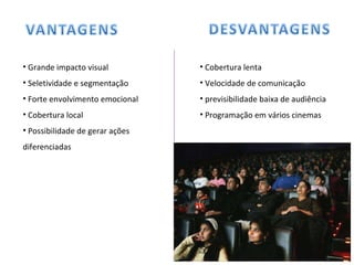Grande impacto visual Seletividade e segmentação Forte envolvimento emocional Cobertura local Possibilidade de gerar ações diferenciadas Cobertura lenta Velocidade de comunicação previsibilidade baixa de audiência Programação em vários cinemas 
