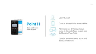 2016
Point H
O seu celular como
ponto de venda
Uso individual.
Conecte a maquininha ao seu celular.
Administre seu dinheiro pela sua
conta do Mercado Pago ou pelo app
do Mercado Pago Point
Conecte a internet com o 3G ou Wifi
do seu smartphone
 