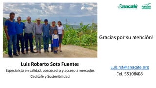 Gracias por su atención!
Luis Roberto Soto Fuentes
Especialista en calidad, poscosecha y acceso a mercados
Cedicafé y Sostenibilidad
Luis.rsf@anacafe.org
Cel. 55108408
 