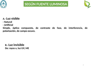 21
A.- Luz visible
- Natural
- Artificial
Simple, óptico compuesto, de contraste de fase, de interferencia, de
polarización, de campo oscuro.
SEGÚN FUENTE LUMINOSA
B.- Luz invisible
De: rayos x, luz UV, ME
 