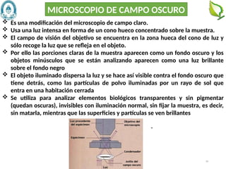 30
MICROSCOPIO DE CAMPO OSCURO
 Es una modificación del microscopio de campo claro.
 Usa una luz intensa en forma de un cono hueco concentrado sobre la muestra.
 El campo de visión del objetivo se encuentra en la zona hueca del cono de luz y
sólo recoge la luz que se refleja en el objeto.
 Por ello las porciones claras de la muestra aparecen como un fondo oscuro y los
objetos minúsculos que se están analizando aparecen como una luz brillante
sobre el fondo negro
 El objeto iluminado dispersa la luz y se hace así visible contra el fondo oscuro que
tiene detrás, como las partículas de polvo iluminadas por un rayo de sol que
entra en una habitación cerrada
 Se utiliza para analizar elementos biológicos transparentes y sin pigmentar
(quedan oscuras), invisibles con iluminación normal, sin fijar la muestra, es decir,
sin matarla, mientras que las superficies y partículas se ven brillantes
.
 