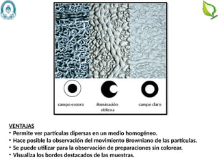31
VENTAJAS
• Permite ver partículas dipersas en un medio homogéneo.
• Hace posible la observación del movimiento Browniano de las partículas.
• Se puede utilizar para la observación de preparaciones sin colorear.
• Visualiza los bordes destacados de las muestras.
 
