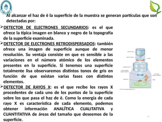 53
DETECTOR DE ELECTRONES SECUNDARIOS: es el que
ofrece la típica imagen en blanco y negro de la topografía
de la superficie examinada.
DETECTOR DE ELECTRONES RETRODISPERSADOS: también
ofrece una imagen de superficie aunque de menor
resolución. Su ventaja consiste en que es sensible a las
variaciones en el número atómico de los elementos
presentes en la superficie. Si tenemos una superficie
totalmente lisa observaremos distintos tonos de gris en
función de que existan varias fases con distintos
elementos.
DETECTOR DE RAYOS X: es el que recibe los rayos X
procedentes de cada uno de los puntos de la superficie
sobre los que pasa el haz de ē. Como la energía de cada
rayo X es característica de cada elemento, podemos
obtener información ANALÍTICA CUALITATIVA y
CUANTITATIVA de áreas del tamaño que deseemos de la
superficie.
Al alcanzar el haz de ē la superficie de la muestra se generan partículas que son
detectadas por:
 
