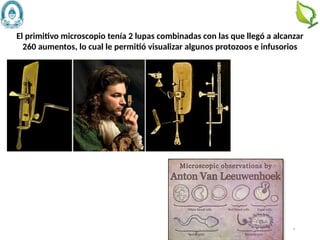 9
El primitivo microscopio tenía 2 lupas combinadas con las que llegó a alcanzar
260 aumentos, lo cual le permitió visualizar algunos protozoos e infusorios
 