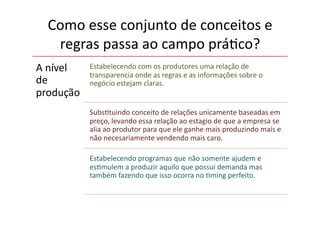 Como	
  esse	
  conjunto	
  de	
  conceitos	
  e	
  
regras	
  passa	
  ao	
  campo	
  prá<co?	
  
A	
  nível	
  
de	
  
produção	
  
Estabelecendo	
  com	
  os	
  produtores	
  uma	
  relação	
  de	
  
transparencia	
  onde	
  as	
  regras	
  e	
  as	
  informações	
  sobre	
  o	
  
negócio	
  estejam	
  claras.	
  
Subs<tuindo	
  conceito	
  de	
  relações	
  unicamente	
  baseadas	
  em	
  
preço,	
  levando	
  essa	
  relação	
  ao	
  estagio	
  de	
  que	
  a	
  empresa	
  se	
  
alia	
  ao	
  produtor	
  para	
  que	
  ele	
  ganhe	
  mais	
  produzindo	
  mais	
  e	
  
não	
  necesariamente	
  vendendo	
  mais	
  caro.	
  
Estabelecendo	
  programas	
  que	
  não	
  somente	
  ajudem	
  e	
  
es<mulem	
  a	
  produzir	
  aquilo	
  que	
  possui	
  demanda	
  mas	
  
também	
  fazendo	
  que	
  isso	
  ocorra	
  no	
  <ming	
  perfeito.	
  
 