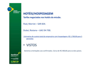 HOTÉIS/HOSPEDAGEM
Tarifas negociadas nos hotéis da missão.

Riad, Marriot – SAR 834.

Dubai, Rostana – UAE DH 700.

Estimativa de custeio total do empresário com hospedagem: R$ 1.700,00 para 5
    pernoites


• VISTOS
Daremos orientações aos confirmados. Cerca de R$ 300,00 para os dois países.
 