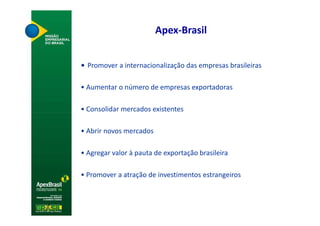 Apex-Brasil


• Promover a internacionalização das empresas brasileiras

• Aumentar o número de empresas exportadoras

• Consolidar mercados existentes

• Abrir novos mercados

• Agregar valor à pauta de exportação brasileira

• Promover a atração de investimentos estrangeiros
 