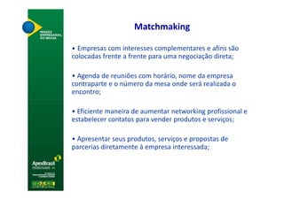 Matchmaking

• Empresas com interesses complementares e afins são
colocadas frente a frente para uma negociação direta;

• Agenda de reuniões com horário, nome da empresa
contraparte e o número da mesa onde será realizada o
encontro;

• Eficiente maneira de aumentar networking profissional e
estabelecer contatos para vender produtos e serviços;

• Apresentar seus produtos, serviços e propostas de
parcerias diretamente à empresa interessada;
 