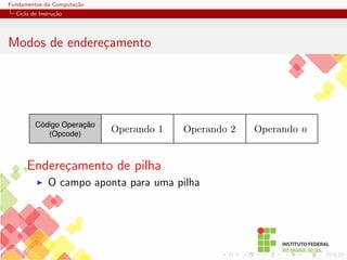 Fundamentos da Computação
Ciclo de Instrução
Modos de endereçamento
Código Operação
(Opcode)
Operando 2 Operando n
Operando 1
Endereçamento de pilha
I O campo aponta para uma pilha
 