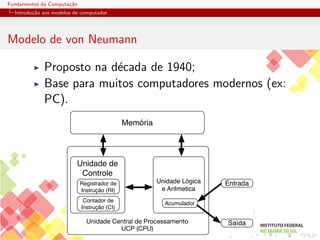 Fundamentos da Computação
Introdução aos modelos de computador
Modelo de von Neumann
I Proposto na década de 1940;
I Base para muitos computadores modernos (ex:
PC).
Memória
Unidade Lógica
e Aritmetica
Unidade Central de Processamento
UCP (CPU)
Acumulador
Entrada
Saída
Registrador de
Instrução (RI)
Contador de
Instrução (CI)
Unidade de
Controle
 