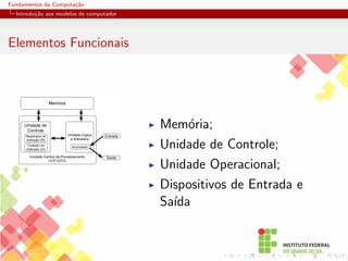 Fundamentos da Computação
Introdução aos modelos de computador
Elementos Funcionais
Memória
Unidade Lógica
e Aritmetica
Unidade Central de Processamento
UCP (CPU)
Acumulador
Entrada
Saída
Registrador de
Instrução (RI)
Contador de
Instrução (CI)
Unidade de
Controle
I Memória;
I Unidade de Controle;
I Unidade Operacional;
I Dispositivos de Entrada e
Saı́da
 