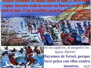 Moisés extendió su mano sobre el mar, y Yavé hizo soplar durante toda la noche un fuerte viento que secó el mar. Y los israelitas pasaron a pie enjuto.   14,21-22 Pero los egipcios, al anegarles las aguas, dijeron: Huyamos de Israel, porque Yavé pelea con ellos contra nosotros.   14,25 