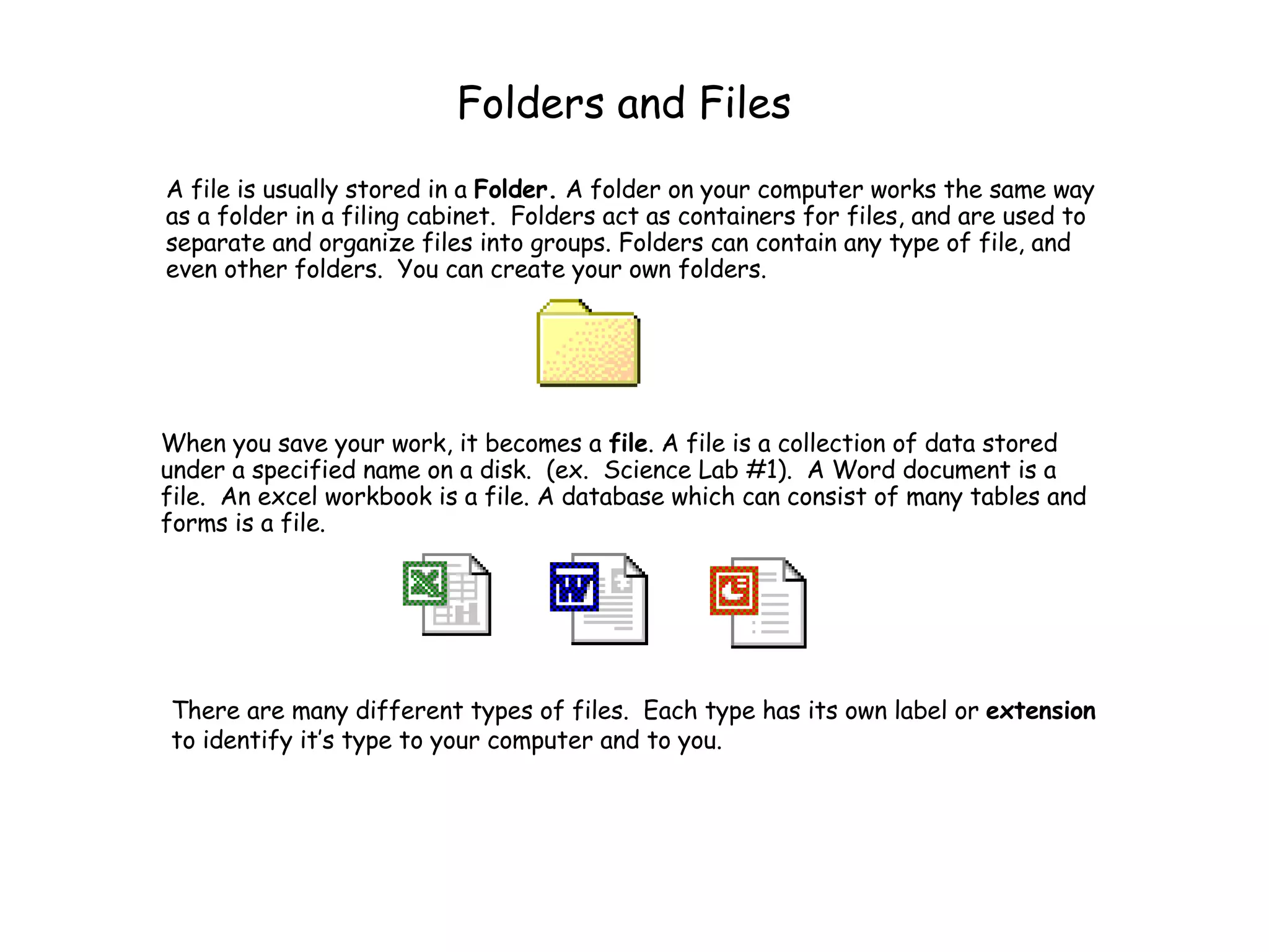 Folders and Files A file is usually stored in a  Folder.  A folder on your computer works the same way as a folder in a filing cabinet.  Folders  act as containers for files, and are used to separate and organize files into groups. Folders can contain any type of file, and even other folders.  You can create your own folders. When you save your work, it becomes a  file . A file is a collection of data stored under a specified name on a disk.  (ex.  Science Lab #1).  A Word document is a file.  An excel workbook is a file. A database which can consist of many tables and forms is a file.  There are many different types of files.  Each type has its own label or  extension  to identify it’s type to your computer and to you. 