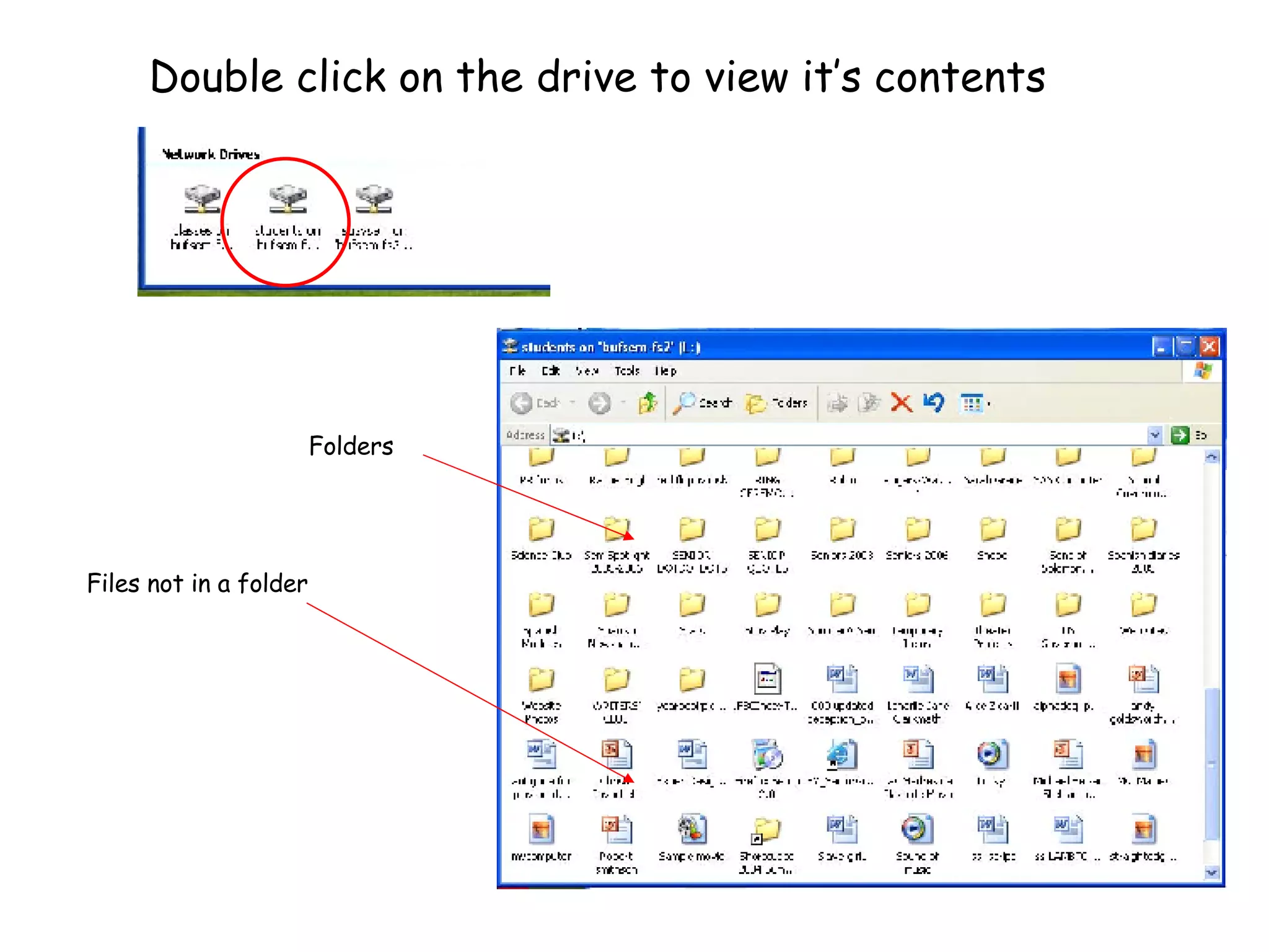 Double click on the drive to view it’s contents Files not in a folder Folders 