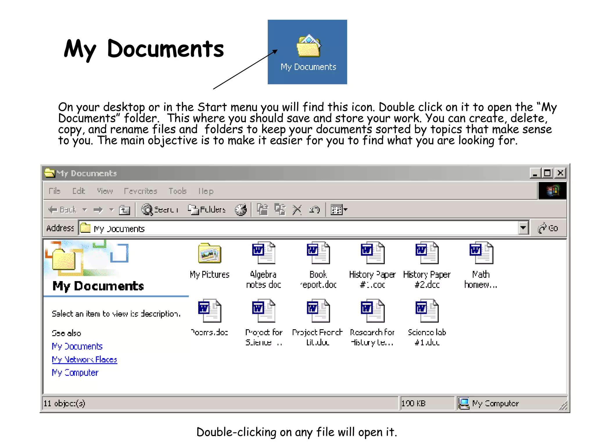 My Documents On your desktop or in the Start menu you will find this icon. Double click on it to open the “My Documents” folder.  This where you should save and store your work. You can create,  delete, copy, and rename files and  folders  to keep your documents sorted by topics that make sense to you. The main objective is to make it easier for you to find what you are looking for. Double-clicking on any file will open it. 