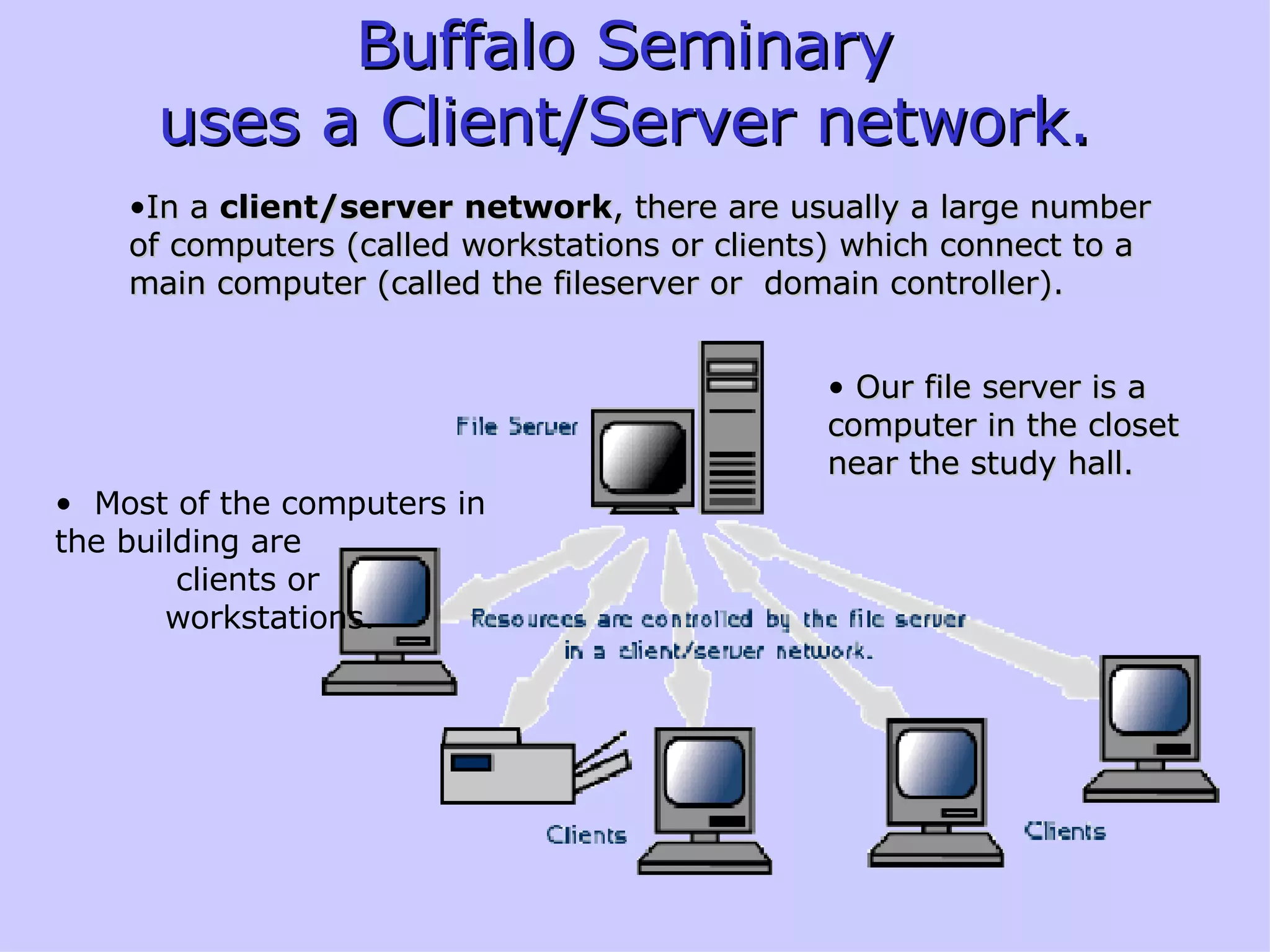Buffalo Seminary  uses a Client/Server network.  In a  client/server network , there are usually a large number of computers (called workstations or clients) which connect to a main computer (called the fileserver or  domain controller). Most of the computers in the building are  clients or  workstations. Our file server is a computer in the closet near the study hall. 