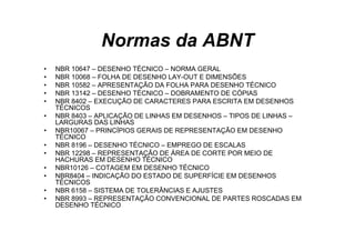 Normas da ABNT
•   NBR 10647 – DESENHO TÉCNICO – NORMA GERAL
•   NBR 10068 – FOLHA DE DESENHO LAY-OUT E DIMENSÕES
•   NBR 10582 – APRESENTAÇÃO DA FOLHA PARA DESENHO TÉCNICO
•   NBR 13142 – DESENHO TÉCNICO – DOBRAMENTO DE CÓPIAS
•   NBR 8402 – EXECUÇÃO DE CARACTERES PARA ESCRITA EM DESENHOS
    TÉCNICOS
•   NBR 8403 – APLICAÇÃO DE LINHAS EM DESENHOS – TIPOS DE LINHAS –
    LARGURAS DAS LINHAS
•   NBR10067 – PRINCÍPIOS GERAIS DE REPRESENTAÇÃO EM DESENHO
    TÉCNICO
•   NBR 8196 – DESENHO TÉCNICO – EMPREGO DE ESCALAS
•   NBR 12298 – REPRESENTAÇÃO DE ÁREA DE CORTE POR MEIO DE
    HACHURAS EM DESENHO TÉCNICO
•   NBR10126 – COTAGEM EM DESENHO TÉCNICO
•   NBR8404 – INDICAÇÃO DO ESTADO DE SUPERFÍCIE EM DESENHOS
    TÉCNICOS
•   NBR 6158 – SISTEMA DE TOLERÂNCIAS E AJUSTES
•   NBR 8993 – REPRESENTAÇÃO CONVENCIONAL DE PARTES ROSCADAS EM
    DESENHO TÉCNICO
 